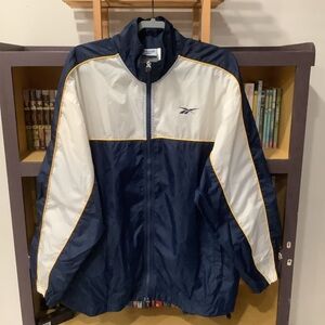 VTG 90s Reebok Nylon Windbreaker Jacket  Size Large White Navy Blue Zip Front